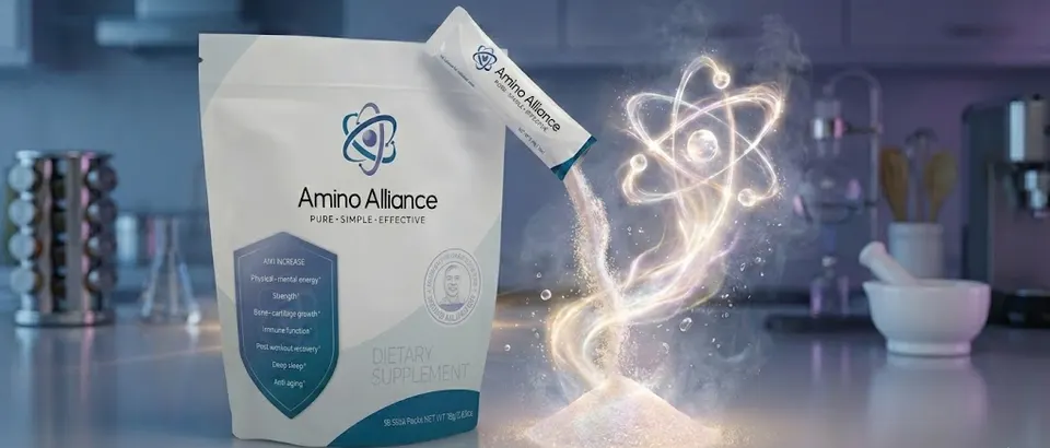 An Amino Alliance pouch on a laboratory bench with a glowing atom symbol beside it, lit from behind.