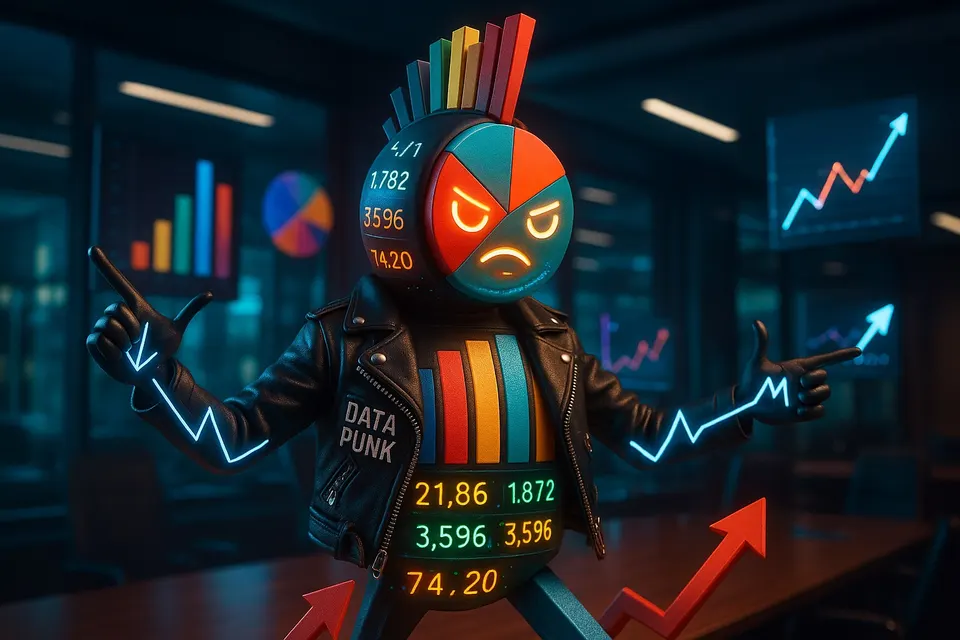 A photoreal punk figure in a dark office, head a segmented pie chart with orange eyes, mohawk of coloured bar-chart columns, leather jacket stencilled DATA PUNK.