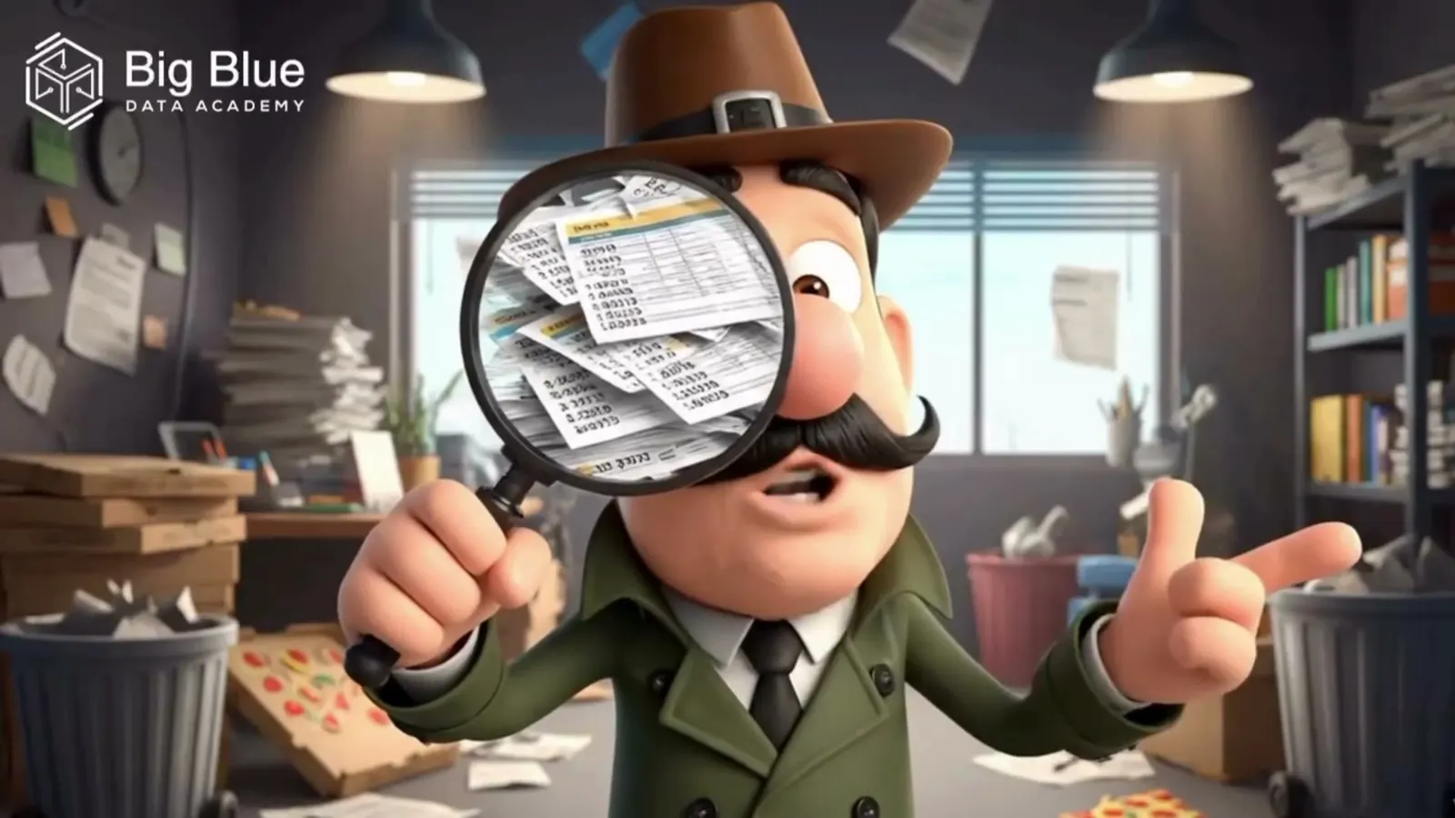 A 3D cartoon detective in a brown hat and green coat holding a magnifying glass over his eye, the lens filled with spreadsheets, office knee-deep in loose paper.
