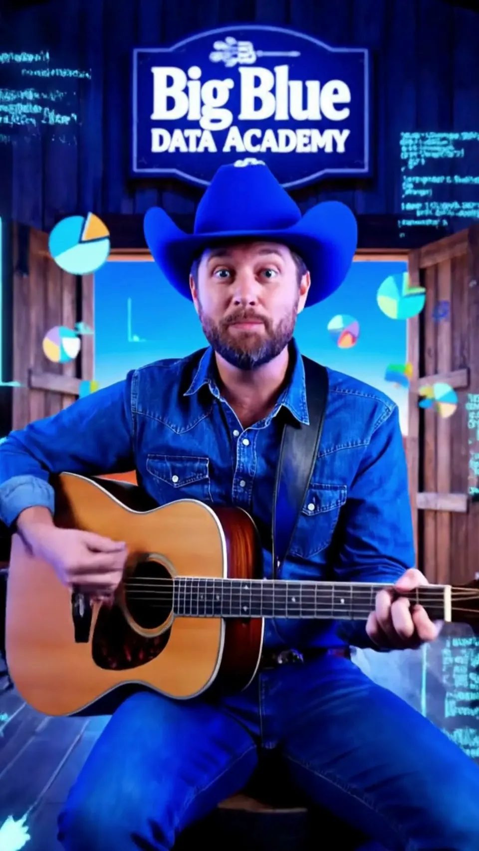 A man in a blue cowboy hat and denim shirt playing guitar in a wooden saloon under a painted Big Blue Data Academy sign, pie charts floating around him.
