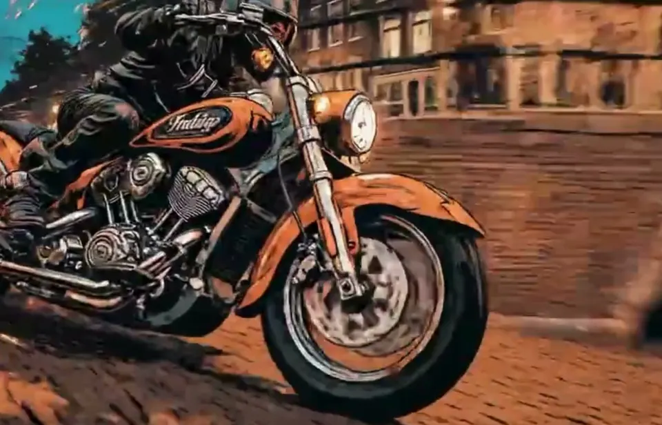 A close view of the machine on a canal street at night, rider low over the bars, the Indian script badge legible on the orange tank.
