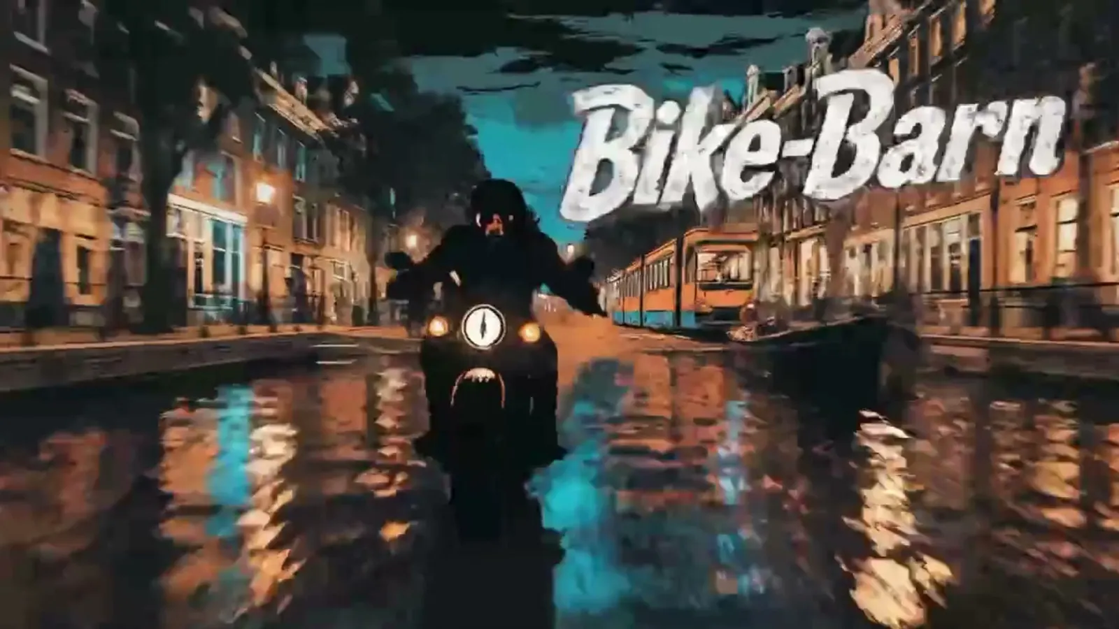 The rider head-on down a flooded canal street at night, one headlamp burning, the Bike-Barn wordmark beside him.
