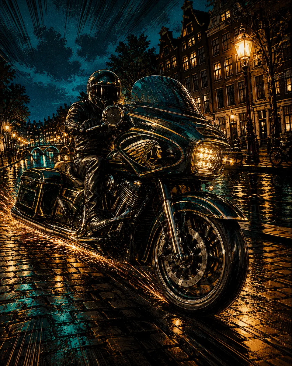 A rider on an Indian motorcycle on wet cobbles at night, canal houses and street lamps behind, sparks trailing from the road surface.