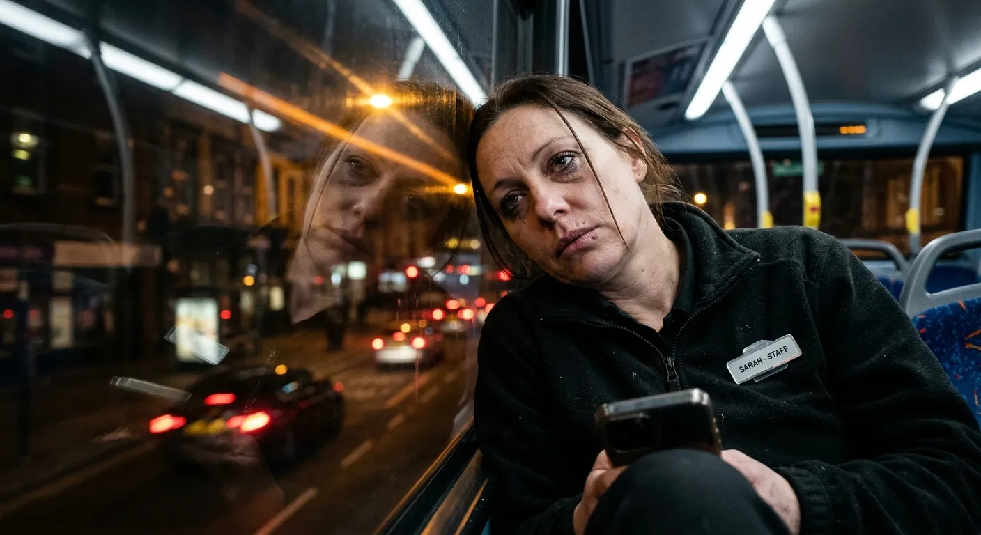 A woman in a black work fleece with a name badge rests her head against a bus window at night, holding a phone, her face reflected in the glass alongside the traffic and shop lights of the street outside.