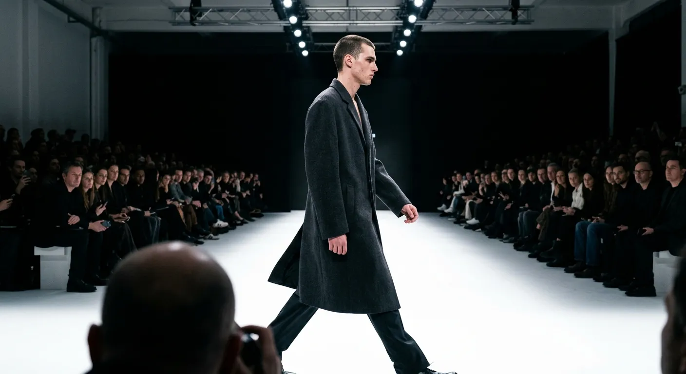 A model in a long charcoal overcoat walks a white runway in profile, lit hard from overhead trusses, with two banks of seated guests in near darkness on either side and the back of a photographer’s head in the foreground.