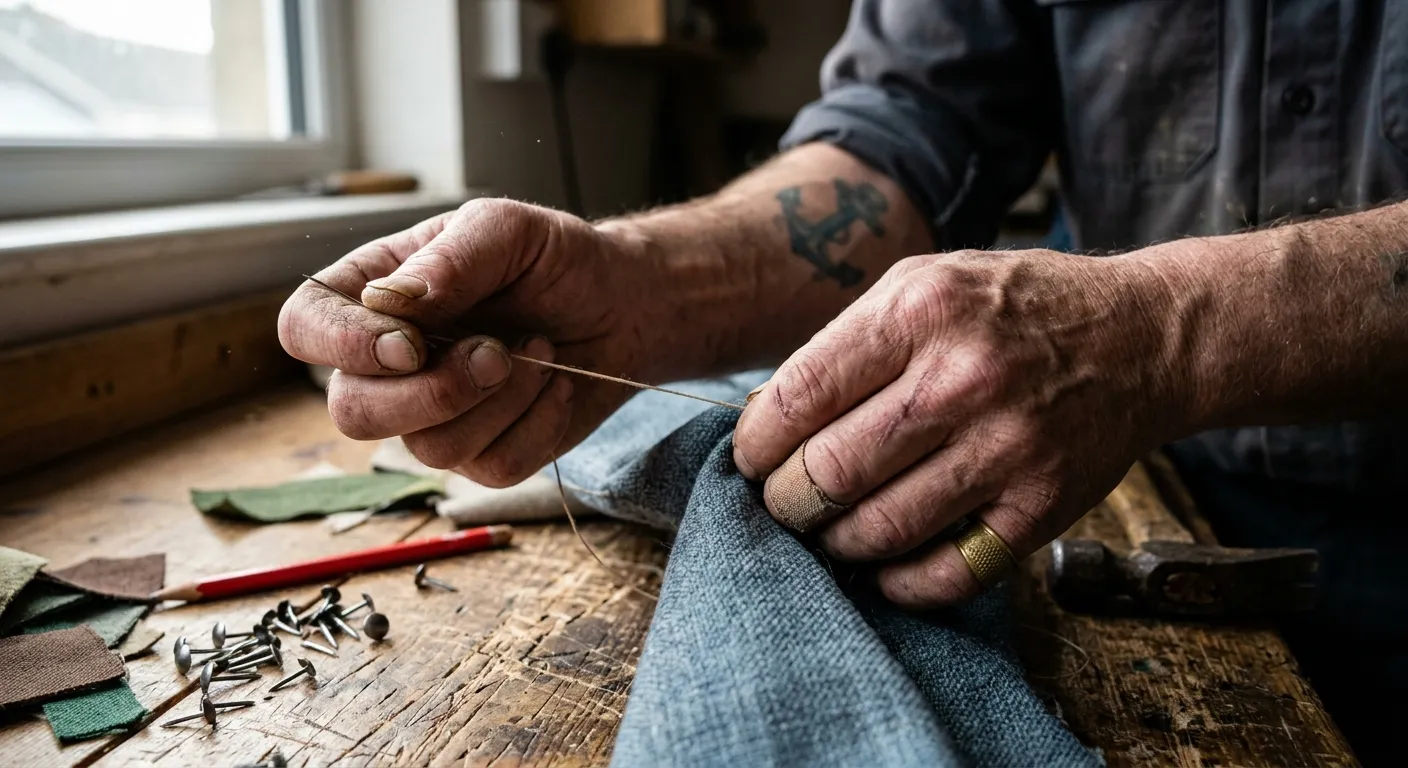 Close on two weathered hands at a workbench, one drawing a waxed thread taut and the other steadying folded blue-grey cloth with a thimble on the finger, a brass ring, an anchor tattoo on the forearm, tacks and a pencil scattered on the wood.