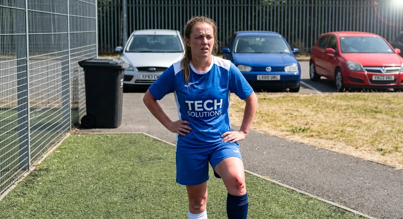 A young footballer in a blue kit with a sponsor name across the chest stands with her hands on her hips on an artificial pitch, hair damp with sweat, a grazed knee, a wheelie bin and three parked cars behind the fence.