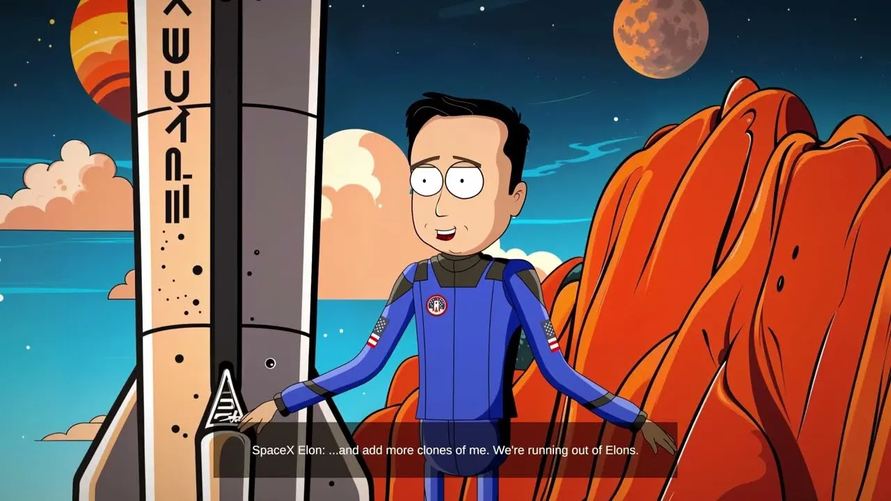 An animated frame of the executive in a blue flight suit standing at the foot of a booster, arms open, mid-line, with red rock and two moons behind him.