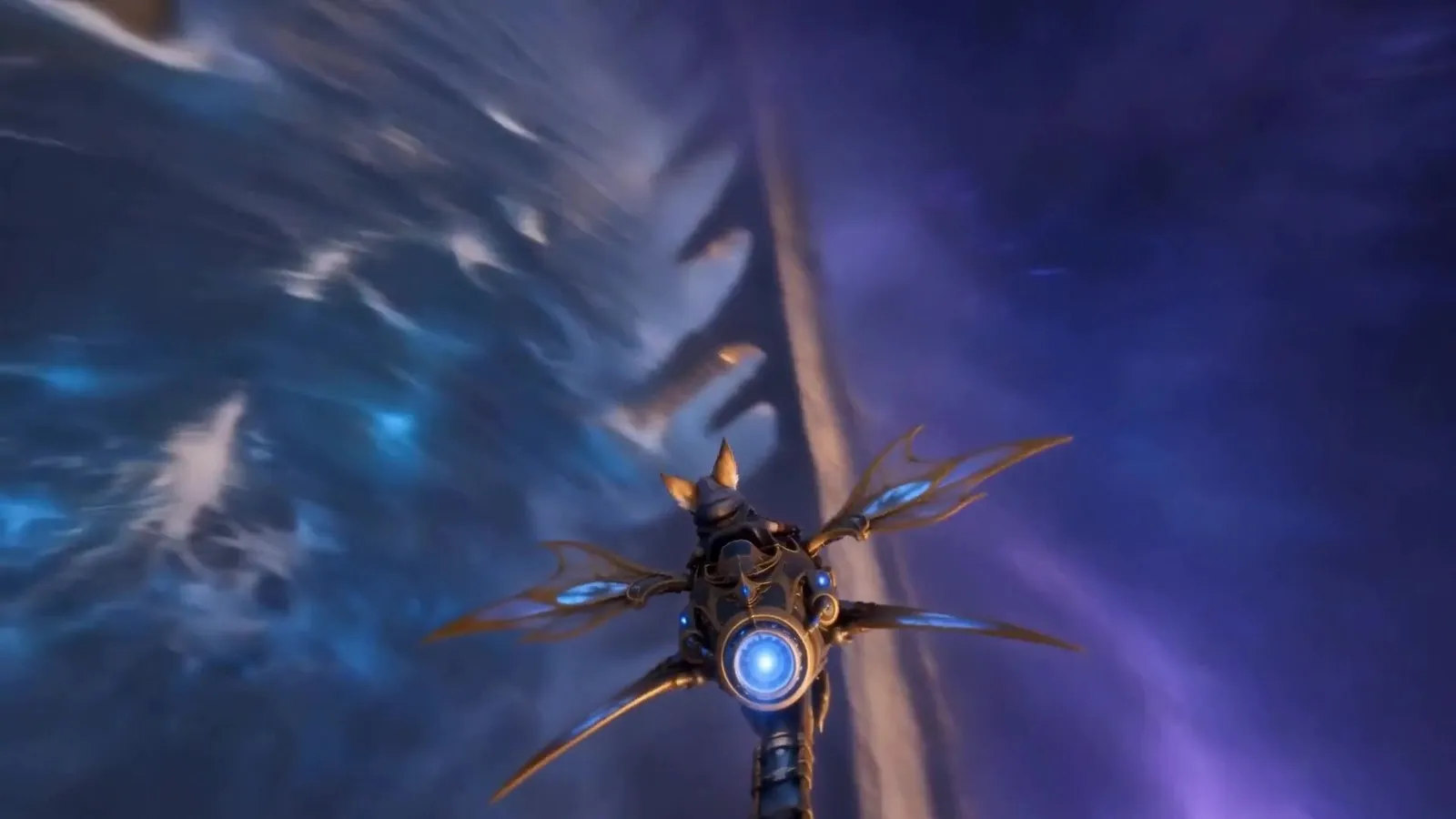 The glider threads a narrow gap between a wall of blue water and a face of violet cloud.