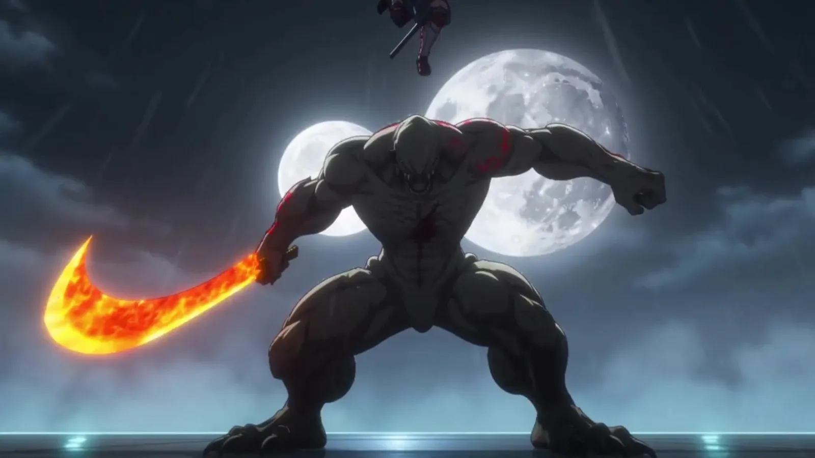 The predator squares up head on with its orange blade held low, two moons behind it, a small armoured figure falling towards it from the top of the frame.