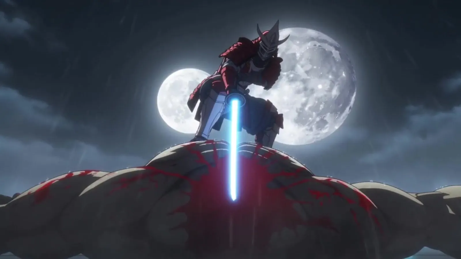 The bladesman stands on a mound of pale corpses with his sword driven down into them, framed against a full moon in heavy rain.