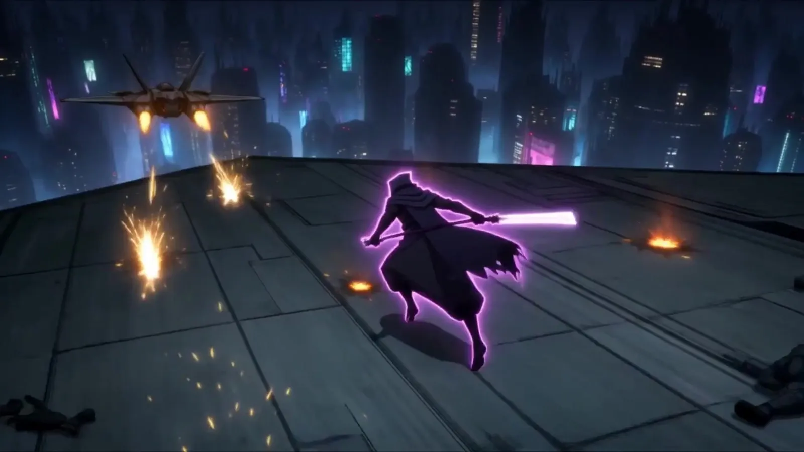 The hooded assassin runs across a rooftop trailing a violet blade, a jet banking past neon towers behind him and sparks striking the deck.