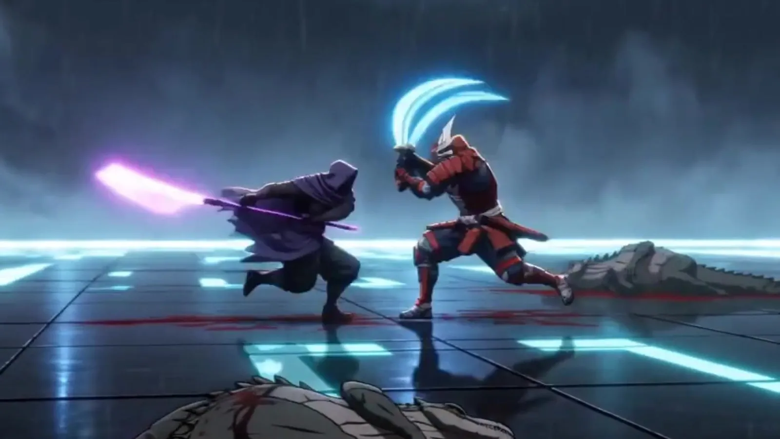 The two survivors circle each other on a wet, glowing arena floor between the bodies of pale predators, one carrying a violet blade and one a cyan blade.