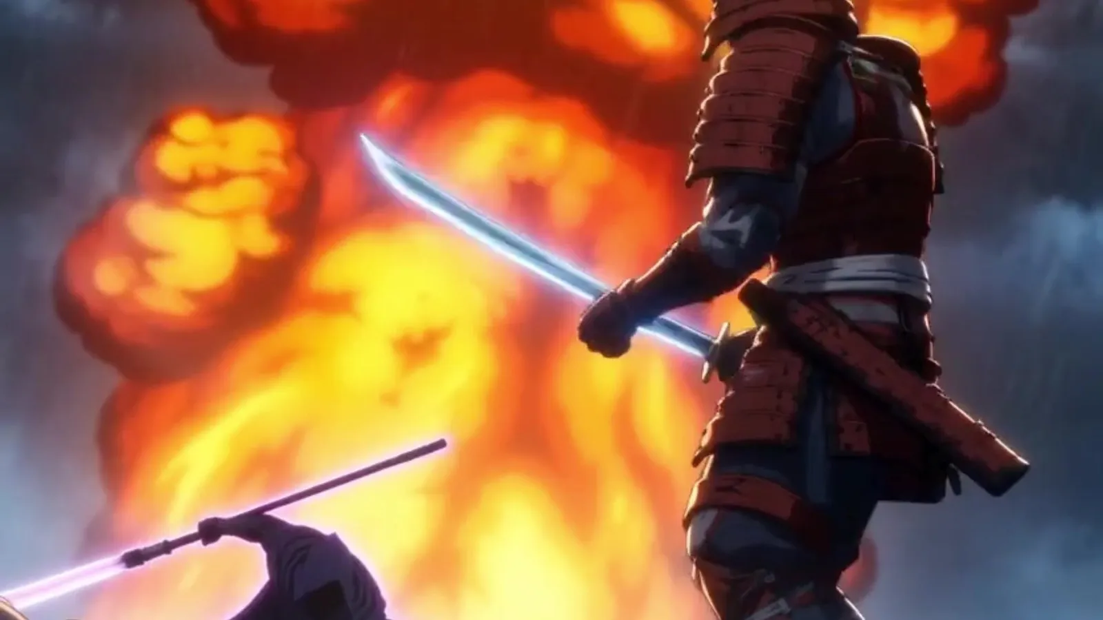 A red-armoured bladesman in silhouette holds a glowing katana level while an enormous orange fireball fills the sky behind him, a hooded figure with a violet blade below him at the edge of frame.
