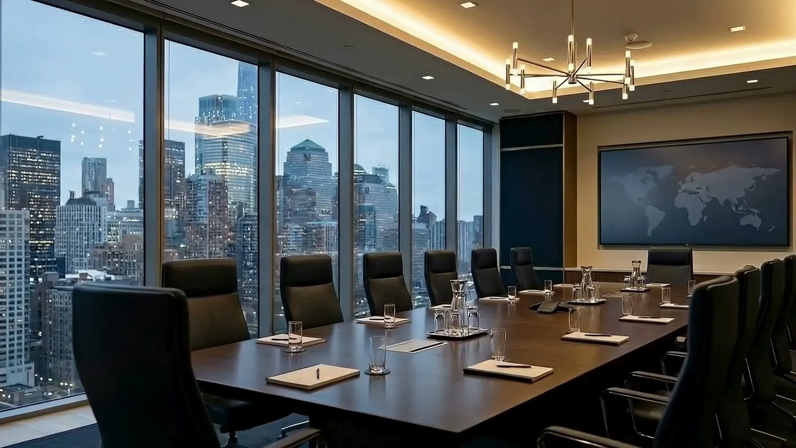 An empty boardroom high in a tower, long dark table set with glasses, floor-to-ceiling windows onto a high-rise skyline.