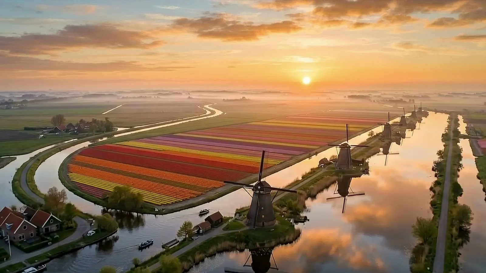 A polder at sunrise from the air, rows of red, orange and pink tulips beside a canal, windmills receding along the bank and mist over the fields.