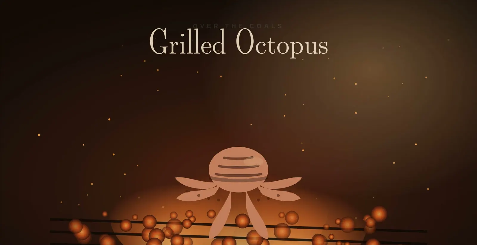 A frame from the film: a drawn octopus over glowing orange coals in the dark, titled Grilled Octopus.