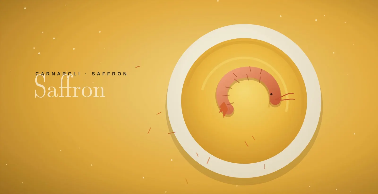 A frame from the film: a drawn white plate of saffron risotto crowned with a single scampi on a deep yellow ground, headed Carnaroli and Saffron.
