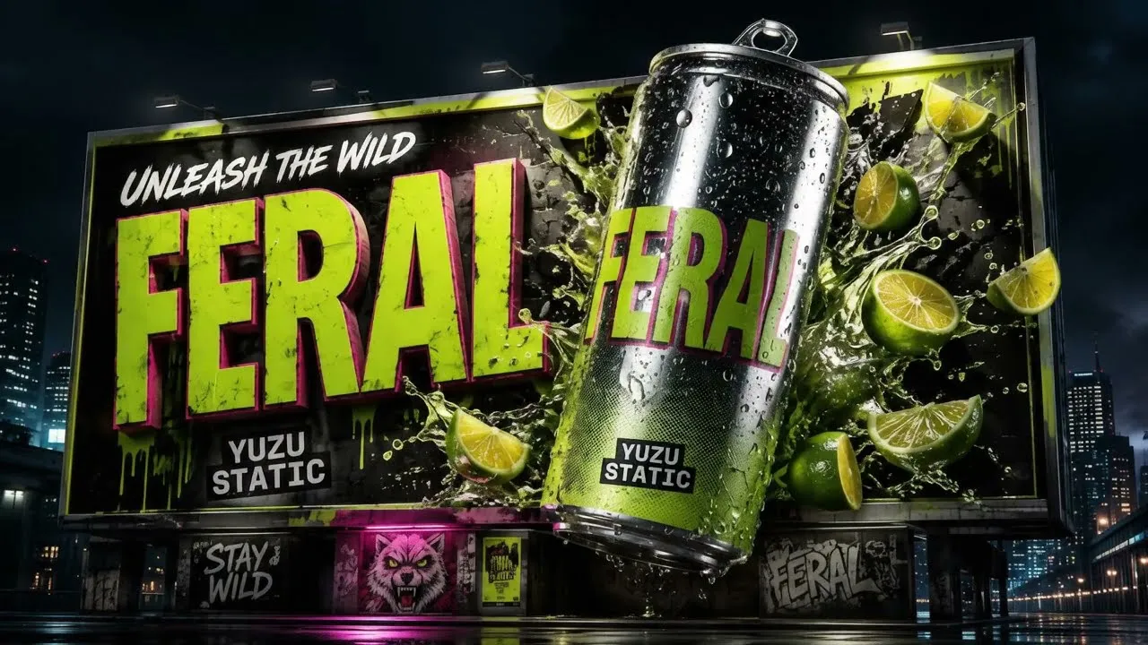 The FERAL Yuzu Static can breaking out of a lit billboard over a wet night street.