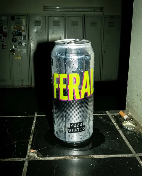 The same FERAL can on cracked black floor tiles in a corridor of school lockers, lit hard from one side, a cigarette and a bottle cap on the floor beside it.