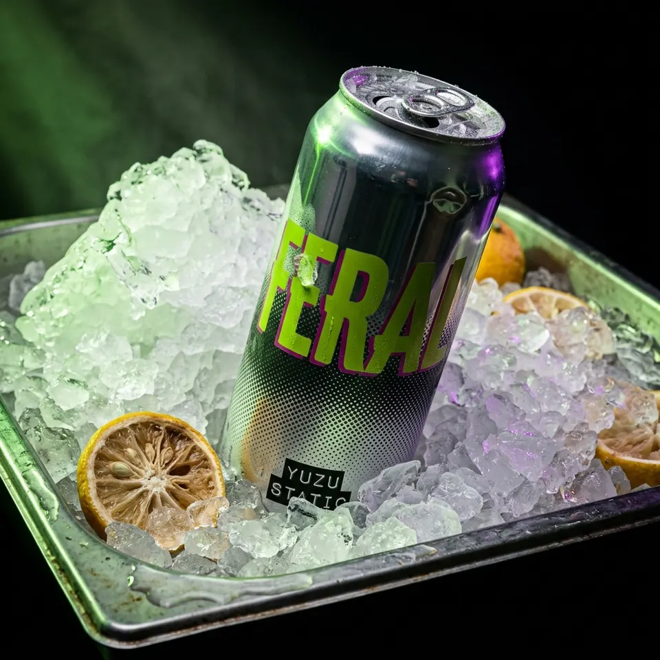 The same FERAL can angled in a metal tray of crushed ice with dried lemon slices around it.