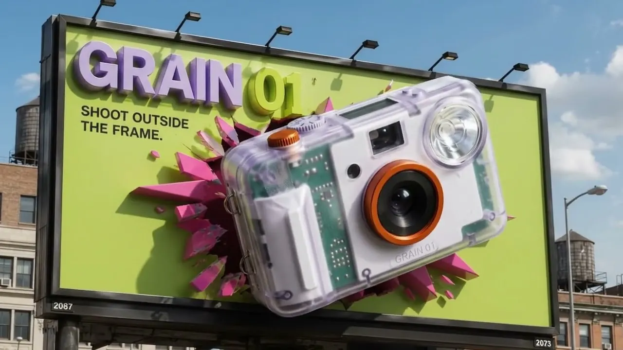 The GRAIN 01 camera bursting out of an acid-green city billboard in daylight under the line SHOOT OUTSIDE THE FRAME.