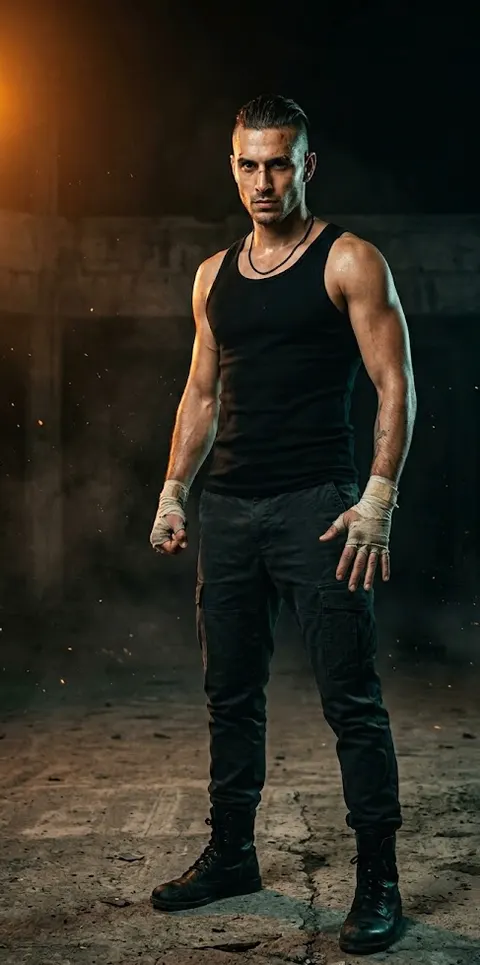 A boxer in a black vest and wraps standing in a dark warehouse, lit from behind by a warm practical.