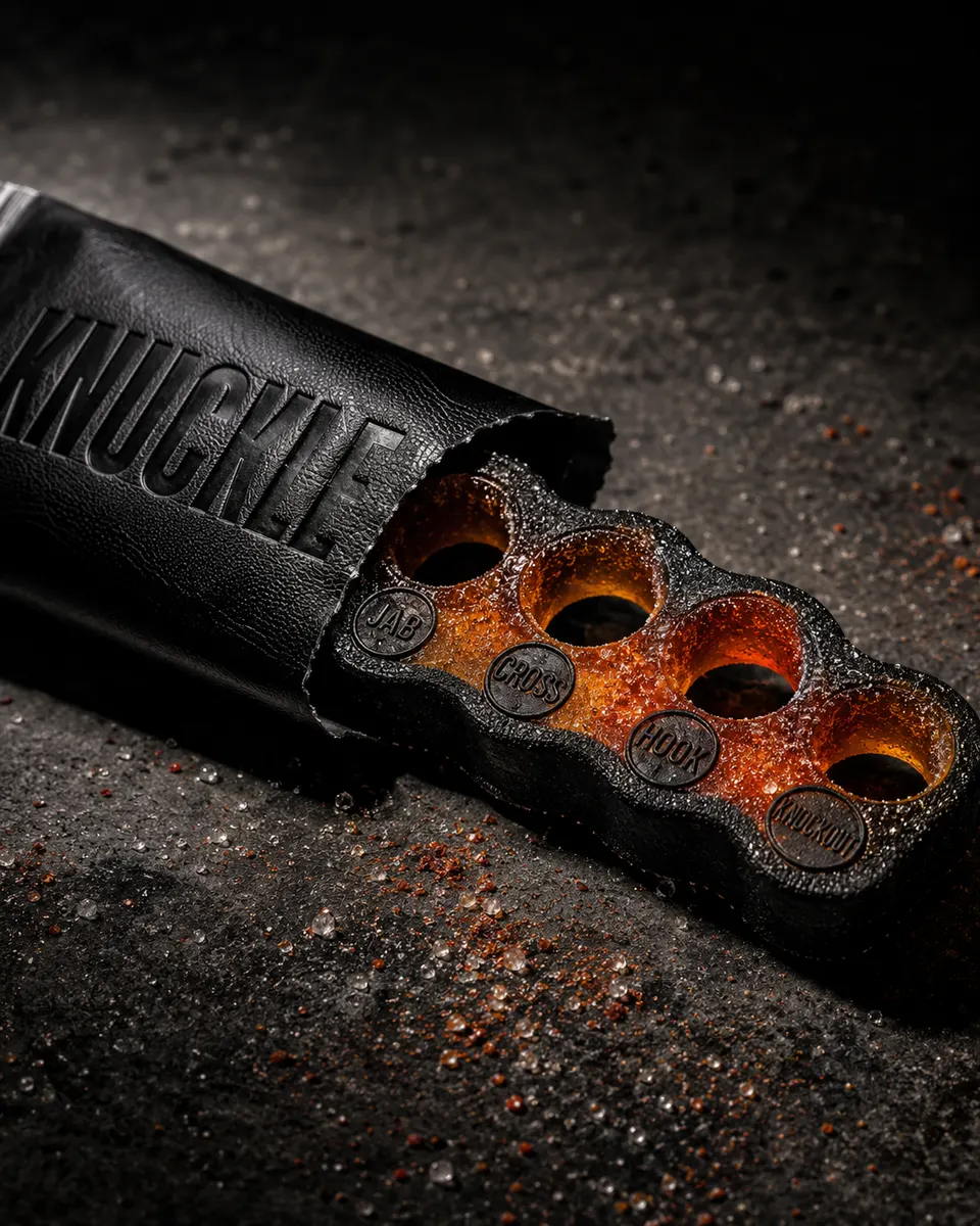 A single amber KNUCKLE chew sliding out of a black leather sleeve on a dark gritty surface, the flavour names stamped into each of its four holes.