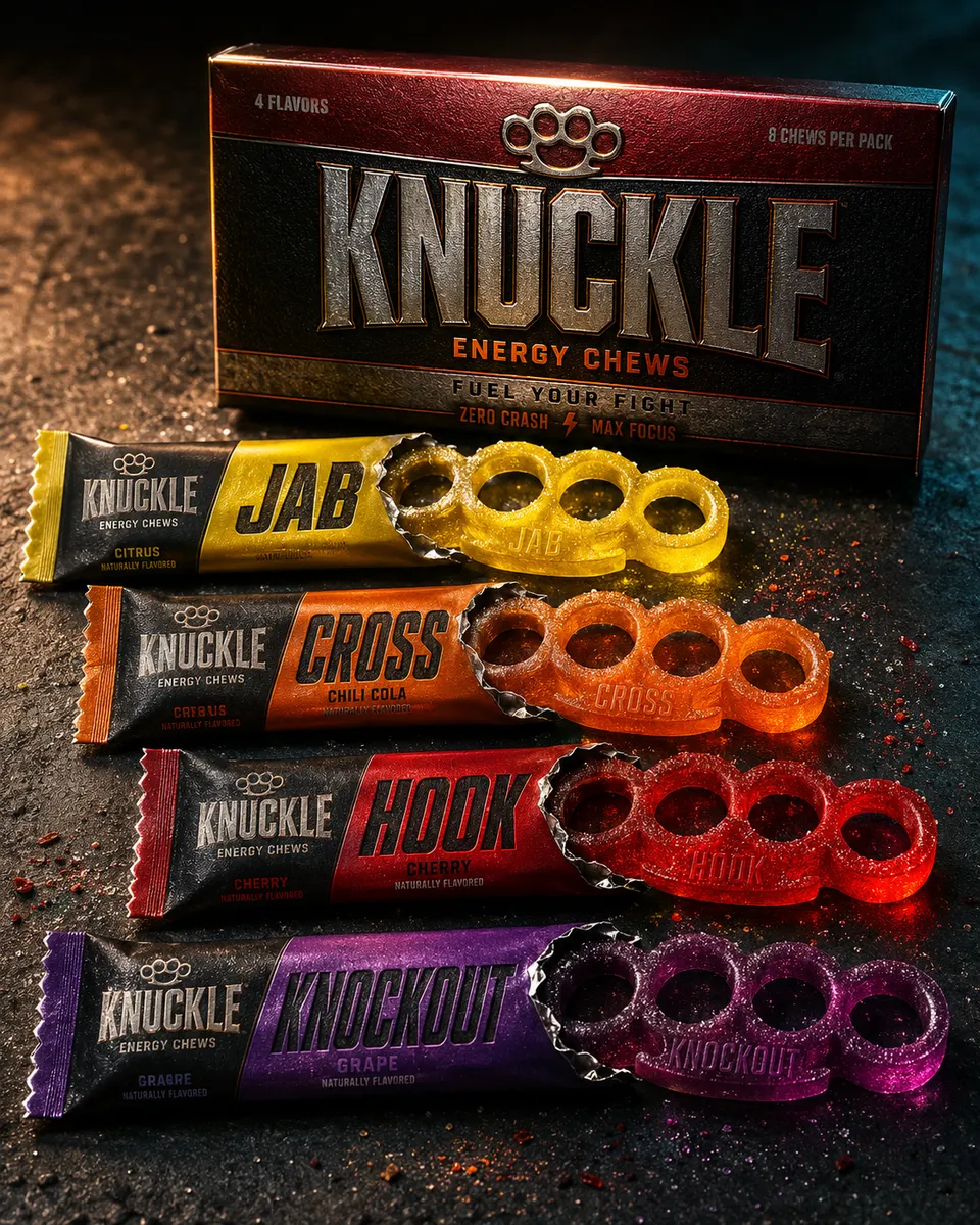 A KNUCKLE Energy Chews carton standing behind four flavour wrappers, JAB in yellow, CROSS in orange, HOOK in red and KNOCKOUT in purple, each with a matching four-hole moulded sweet beside it.